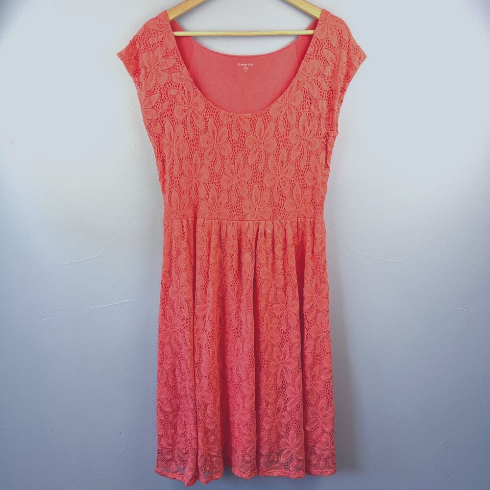 Garnet Hill Coral Lace Overlay Dress Cap Sleeves Scoop Neck Size 12 Spring